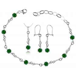 Srebrny komplet biżuterii z zielonymi cyrkoniami-kolczyki, bransoletka, zawieszka łańcuszek