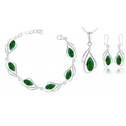 Srebrny komplet z zielonymi cyrkoniami- kolczyki, bransoletka, zawieszka, łańcuszek