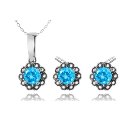 Komplet biżuterii delikatne kwiatki z błękitnymi cyrkoniami